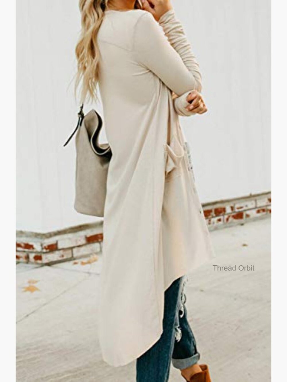 Open Front Cardigan with Pockets High Low Hem V-Neck - Picture 6 of 7